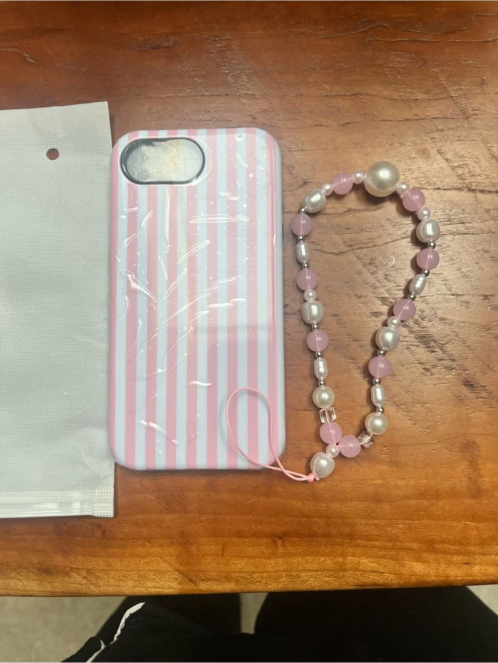 Pink Striped Phone Case with Beaded Wrist Strap - Women Accessories